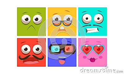 Collection of colorful faces with different emotions, funny square emoji vector Illustration Vector Illustration