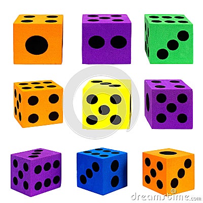 Collection of colorful foam dice isolated on the empty white background Stock Photo