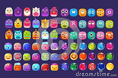 Collection of colorful glossy figures of different shapes, user interface assets for mobile apps or video games vector Vector Illustration