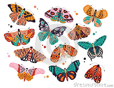 Collection of colorful hand drawn butterflies and moths on white background. Stylized flying insects, vector Vector Illustration