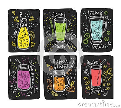 Collection of colorful healthy drinks - smoothie, detox water, lemonade, juice. Set of fresh tasty beverages made of Vector Illustration