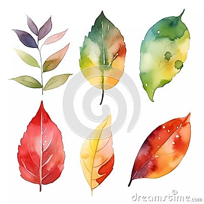 Collection of Colorful Leaf Illustrations in Watercolor Painting, Generative AI Stock Photo