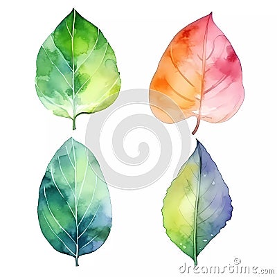 Collection of Colorful Leaf Illustrations in Watercolor Painting, Generative AI Stock Photo