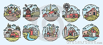 Collection of colorful logotypes with rural or countryside landscapes, farm buildings, windmills, hills and trees in Vector Illustration