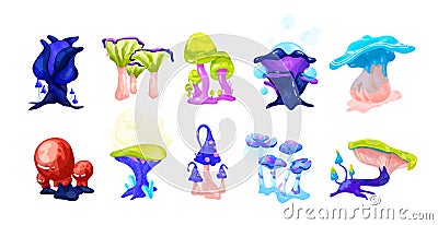 Collection of colorful magical fairytale mushrooms growing in enchanted forest. Set of exotic natural fantasy design Vector Illustration