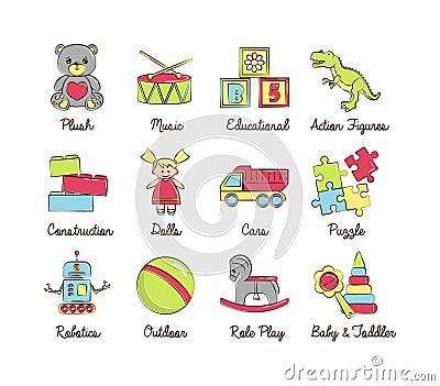 A collection of colorful modern cartoon outlined icons for various toys Vector Illustration