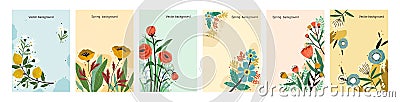 Collection of colorful natural spring backgrounds. Elegant floral backdrop set with a place for text. Vertical poster or Vector Illustration