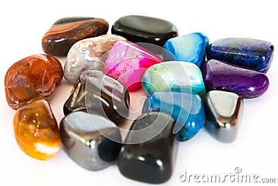 Collection of colorful semiprecious gemstones on white background Stock Photo