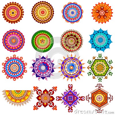 Collection of colorful rangoli pattern for India festival decoration Vector Illustration
