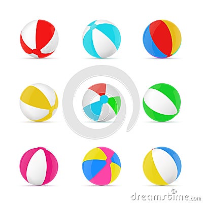 Collection colorful realistic beach ball vector illustration different symbol of summer vacation Vector Illustration