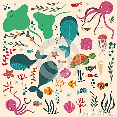 Collection of colorful sea and ocean animals, whale, octopus, stingray, jellyfish, turtle, coral Vector Illustration