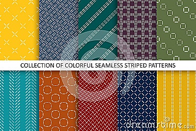 Collection of colorful striped seamless patterns. Bright minimalistic endless prints. Repeatable unusual simple Vector Illustration