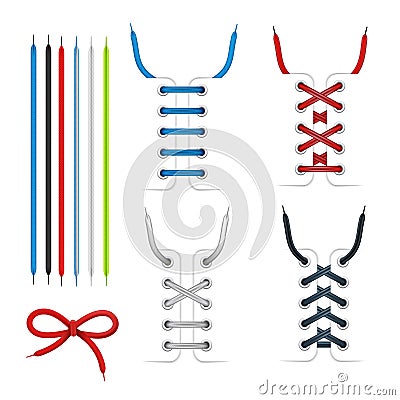 Collection colorful tied and untied shoe laces accessories decorative detail elements for footwear Vector Illustration