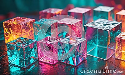 collection colorful, translucent cubes arranged in grid-like pattern, with some cubes reflecting the Stock Photo