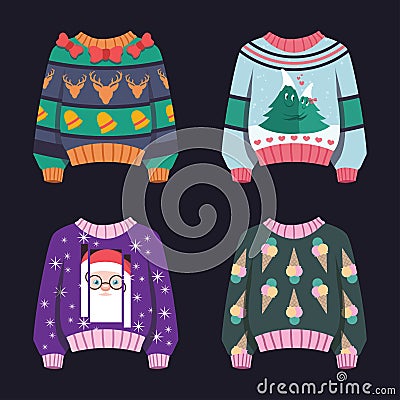 Collection of colorful ugly Christmas sweaters Vector Illustration