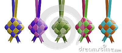 Collection colourful ketupat 3D rendering icon set. Malay rice cake object for Eid Mubarak Stock Photo
