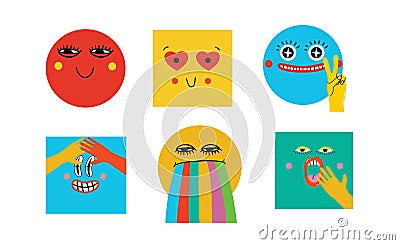 Collection of abstract comic Faces with various Emotions. Crazy Abstract comic geometric shape characters elements and Vector Illustration