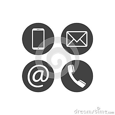 Collection of communication symbols. Contact, e-mail, mobile phone, message icons. Flat circle buttons. Vector illustration Vector Illustration