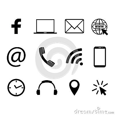 Collection of communication symbols. Contact, e-mail, mobile phone, message, social media, wireless technology icons. Vector illus Vector Illustration