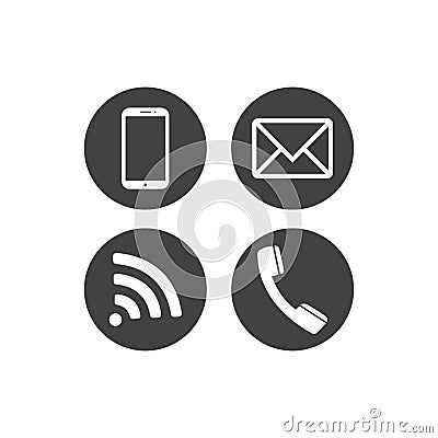 Collection of communication symbols. Contact, e-mail, mobile phone, message, wireless technology icons. Flat circle buttons. Vecto Vector Illustration