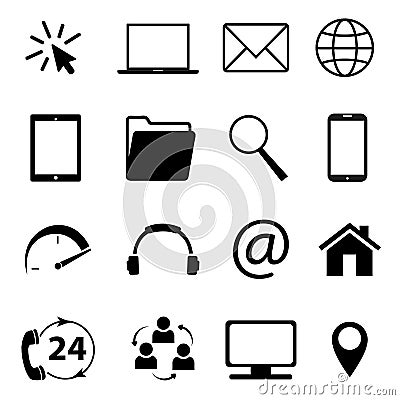 Collection of communication symbols. Contact, e-mail, mobile phone, message, wireless technology icons. Vector illustration Vector Illustration