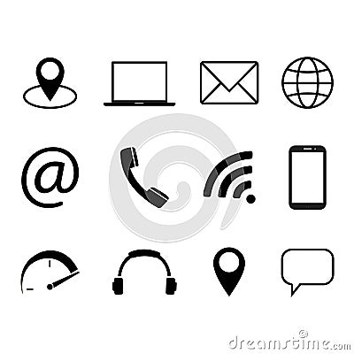 Collection of communication symbols. Contact, e-mail, mobile phone, message, wireless technology icons. Vector illustration Vector Illustration