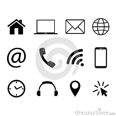 Collection of communication symbols. Contact, e-mail, mobile phone, message, wireless technology icons. Vector illustration Vector Illustration