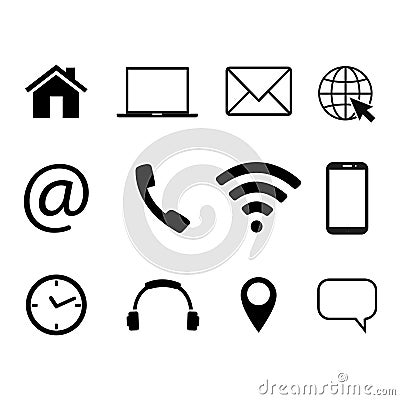 Collection of communication symbols. Contact, e-mail, mobile phone, message, wireless technology icons. Vector illustration Vector Illustration