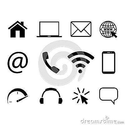 Collection of communication symbols. Contact, e-mail, mobile phone, message, wireless technology icons. Vector illustration Vector Illustration