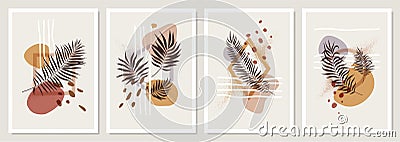 Collection of compositions with geometric shapes and exotic tropical leaves in pastel colors, trendy minimalistic vector posters, Vector Illustration