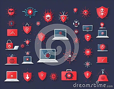 Collection of computer virus detection icons. System error warning on a laptop. Stock Photo