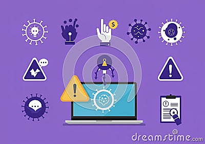 Collection of computer virus detection icons. System error warning on a laptop. Stock Photo