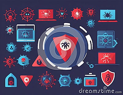 Collection of computer virus detection icons. System error warning on a laptop. Stock Photo