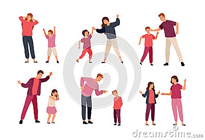 Collection of conflicts between parents and children isolated on white background. Problem of mutual aggression Vector Illustration