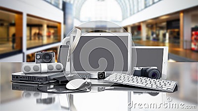 Collection of consumer electronics 3D render on sale background Stock Photo