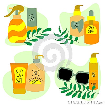 Vector set of tubes of suntan lotion, containers for sunscreens, oils and lotions with various spf numbers, sunglasses. Vector Illustration