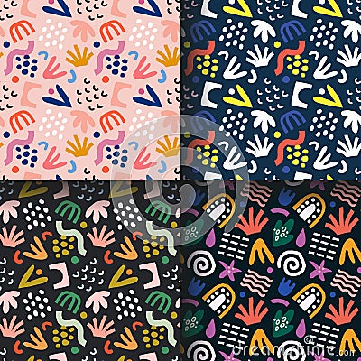 Collection of contemporary abstract seamless backgrounds, vector repeat pattern made of colorful scribble shapes and Vector Illustration