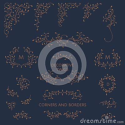 Collection of corners, borders, frames, monograms of decorative twigs. Vector Illustration