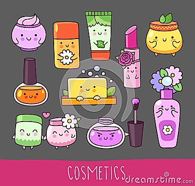 Collection of cosmetics. Nail polish, lipstick, lip gloss, cream jar, soap Vector Illustration