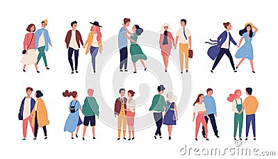 Collection of couples on romantic date. Set of teenage boys and girls holding hands, walking together isolated on white Vector Illustration