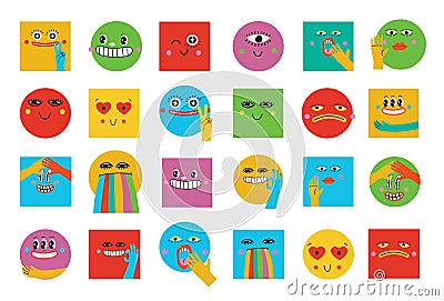 Collection of crazy Abstract comic characters elements and geometric faces. Bright colors Cartoon style. Vector Vector Illustration