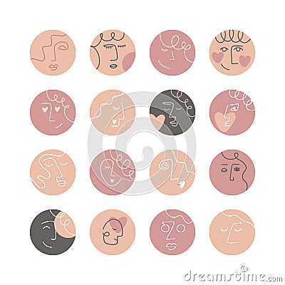 Collection of creative social media highlight covers, beauty, love, psychology theme. Design stories round icon collection. Cartoon Illustration