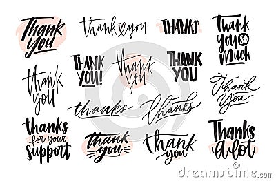 Collection of creative Thank You lettering compositions written with decorative calligraphic font. Bundle of gratitude Vector Illustration