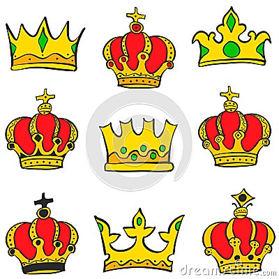 Collection crown glamour style doodle set Vector Illustration