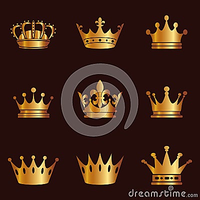 Collection of crown silhouette. Monarchy authority and royal symbols. Golden vintage antique icons. Crown symbol for your web site Vector Illustration