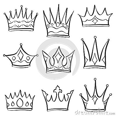 Collection crown various doodle set Vector Illustration