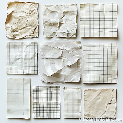 A collection of crumpled and folded grid papers in various sizes and conditions, arranged neatly on a flat surface Stock Photo