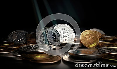 A collection of crypto currency coins is set against a background, showcasing diversity of the market. Creating using Stock Photo