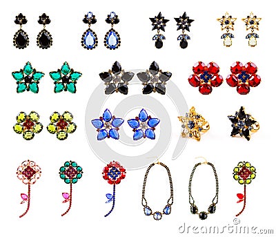 Collection of crystal jewelry, earrings, rings, necklaces and br Stock Photo