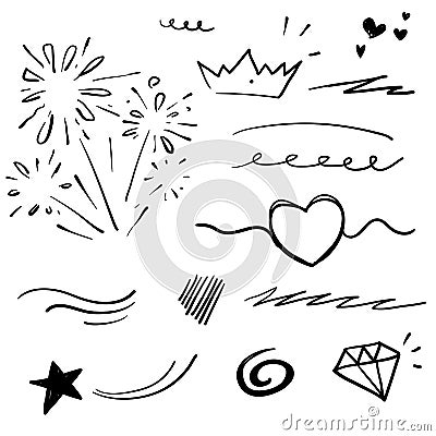 Collection of curly swishes, swashes, swoops. Calligraphy swirl. Highlight text elements. with hand drawn doodle isolated Vector Illustration